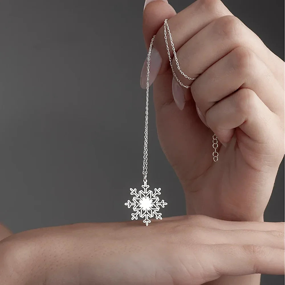 Stainless Steel Snowflake Charm Necklace For Women Pendant