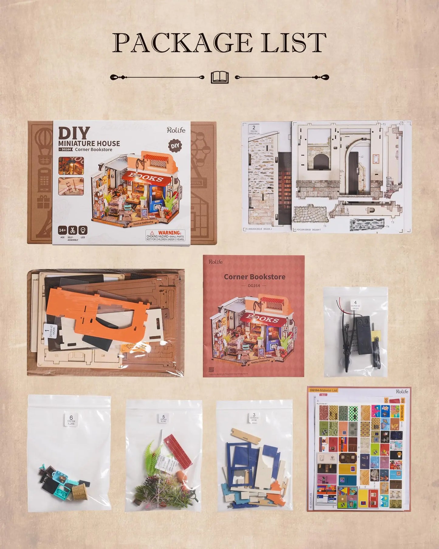 Robotime Corner Bookstore Miniature House Kit With LED