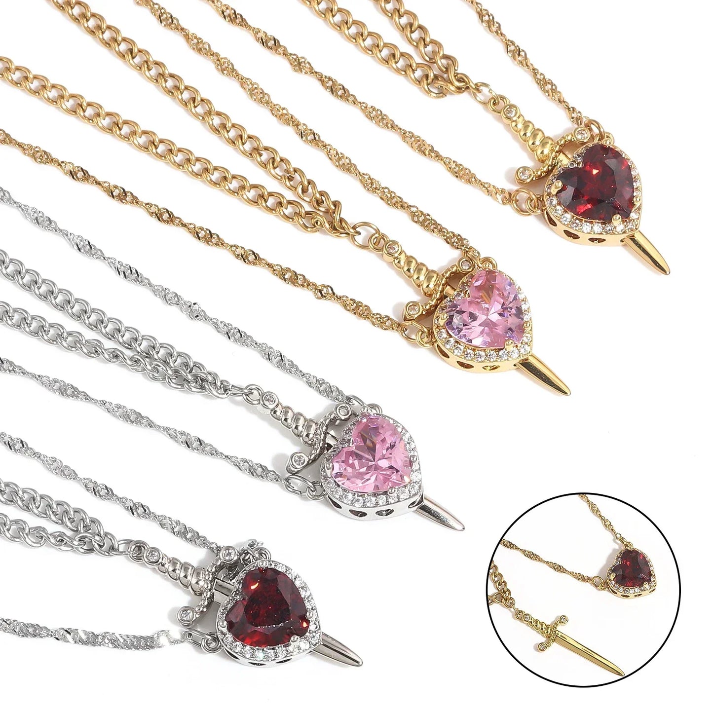 LATS Heart and Sword Zircon Pendant Necklace for Women Men