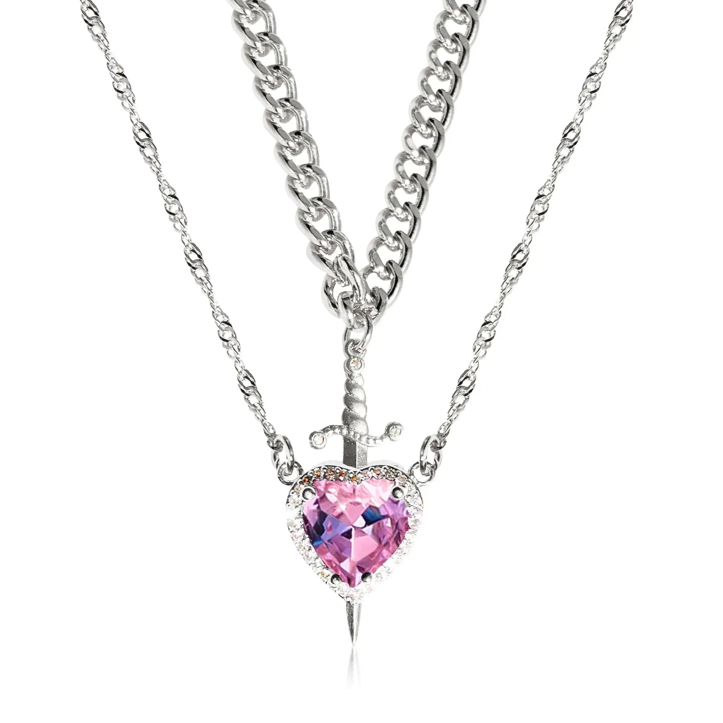 LATS Heart and Sword Zircon Pendant Necklace for Women Men