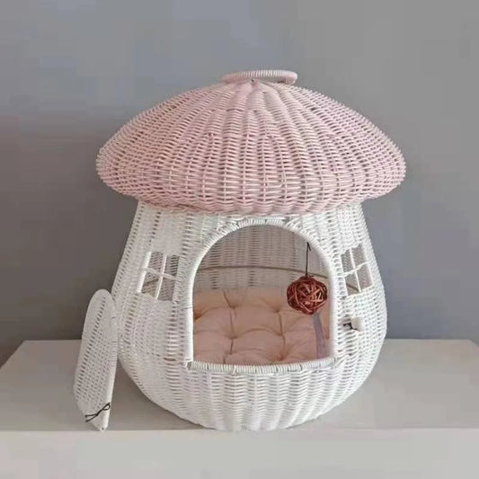 Indoor Rattan Pet Nest Mushroom House Raised Cat Bed