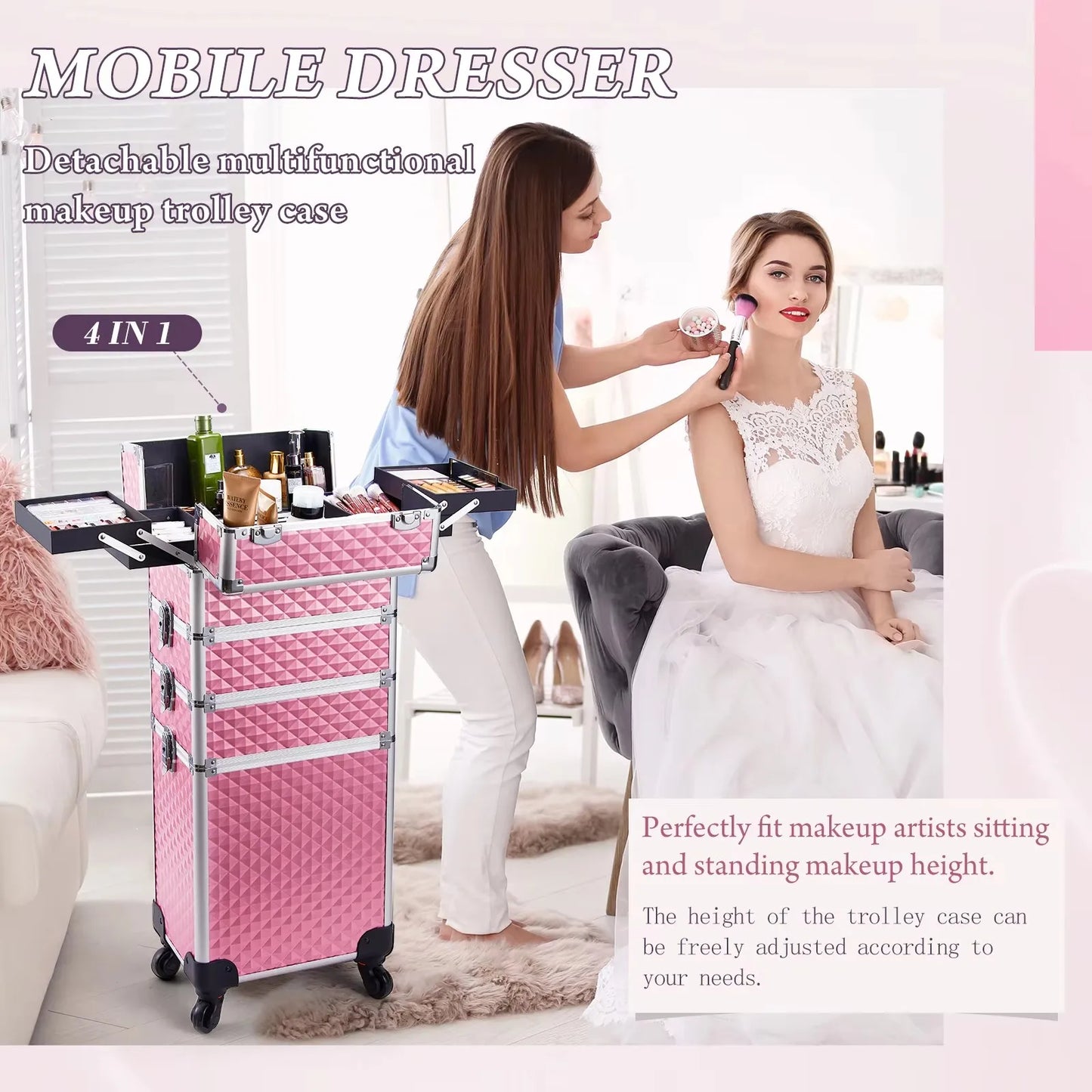 Maxulene Makeup Trolley Case 4 In 1 Alloy Rolling Salon
