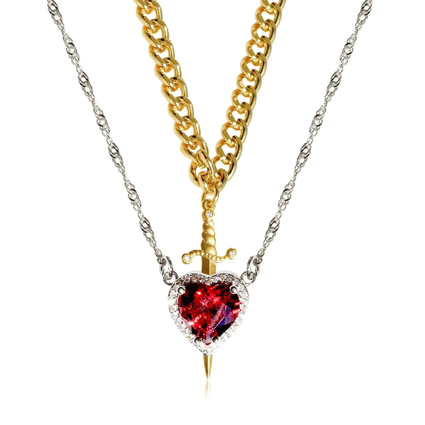 LATS Heart and Sword Zircon Pendant Necklace for Women Men