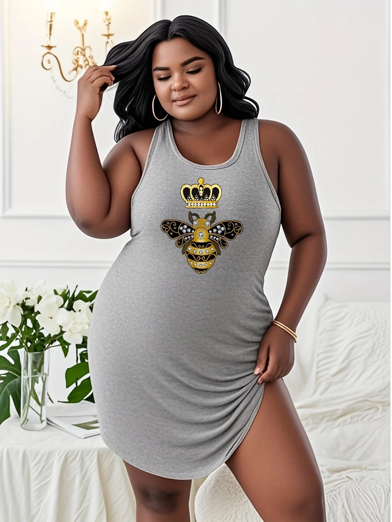 CN Zhejiang Bee With Crown And Diamonds Print T Shirt Dress