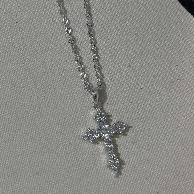 Crystal Zircon Cross Pendant Necklace For Women Punk Style
