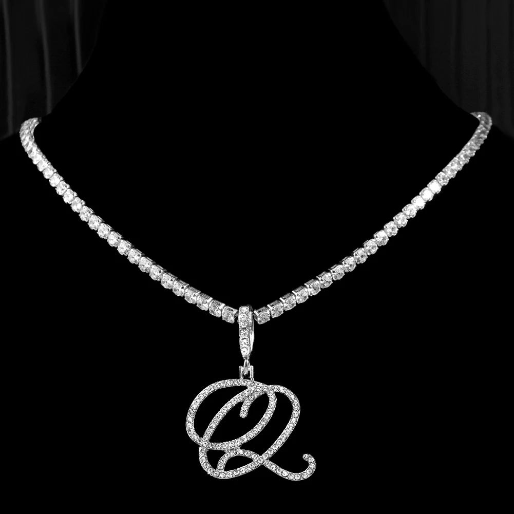 Caraquet Cursive Initial Necklace Cubic Zirconia Chain