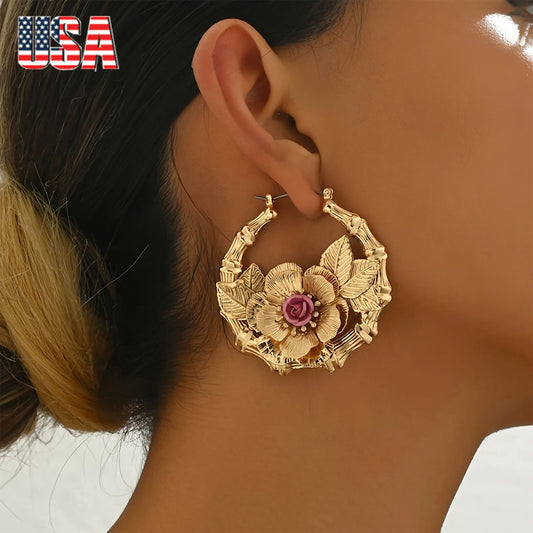 Guangdong Floral Hoop Earrings Boho Leaf Flower Jewelry