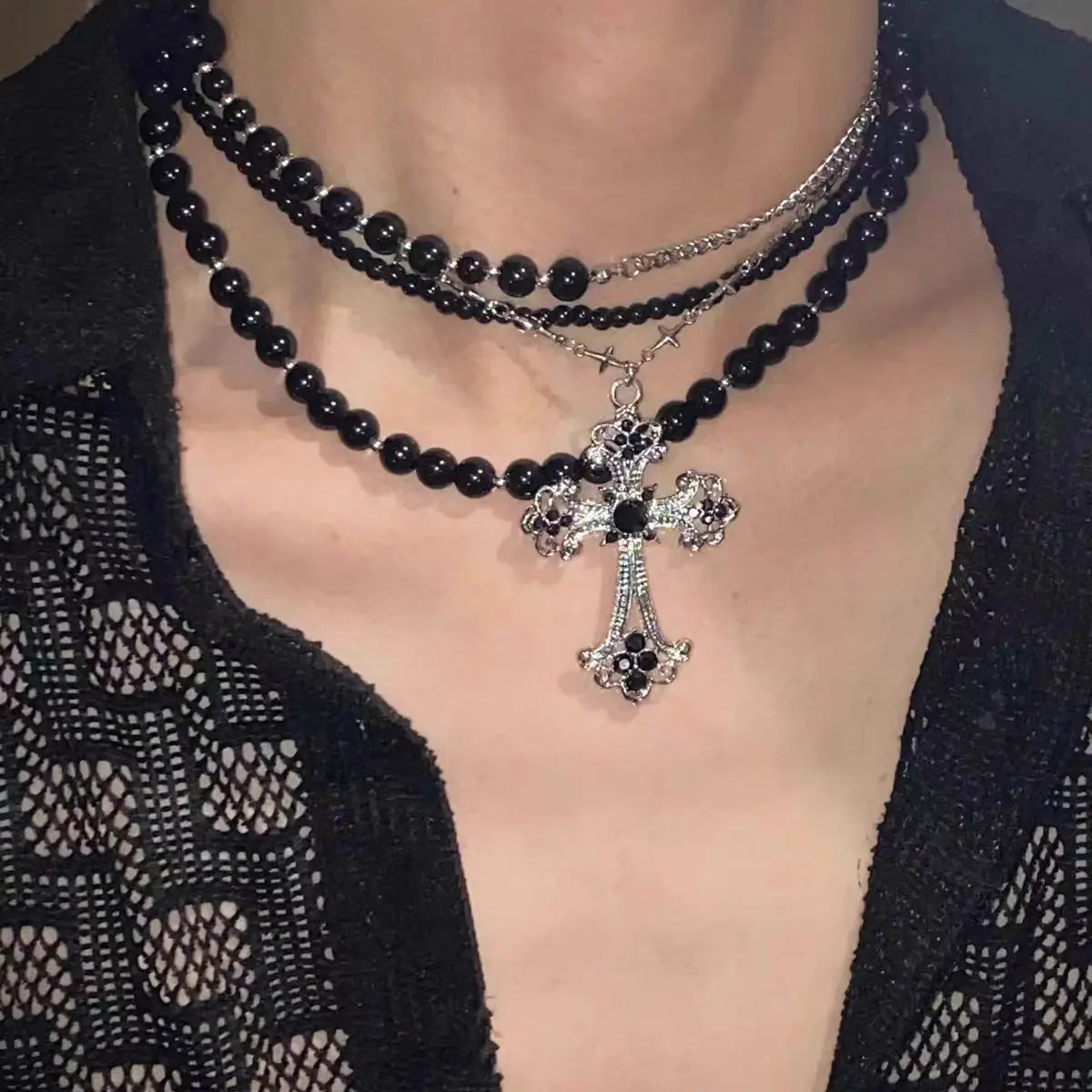 Multilayer Cross Pendant Pearl Chain Necklace For Women