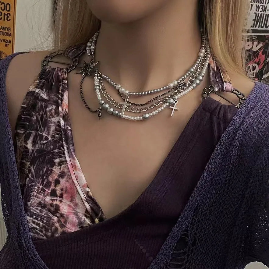 Multilayer Cross Pendant Pearl Chain Necklace For Women