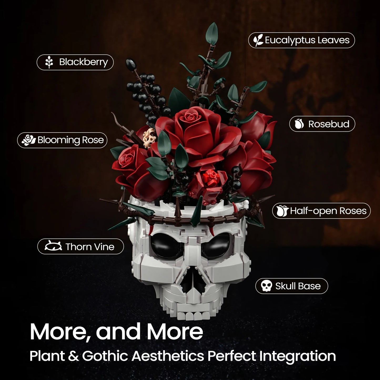 SupreOwls Skull Flowers Building Blocks Set Gothic Roses