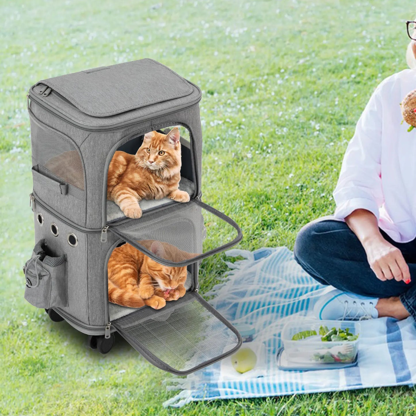 Ventilated Double Compartment Cat Carrier On Wheels