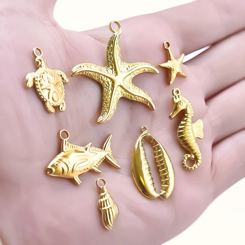 6Pcs GLOWCAT Real Gold Plated Ocean Charms Turtle Starfish