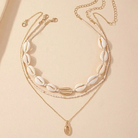 Bohemian Rice Bead Shell Pendant Necklace Multi Layered