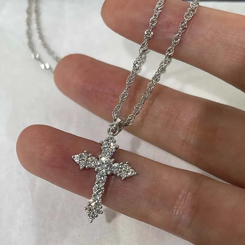 Crystal Zircon Cross Pendant Necklace For Women Punk Style