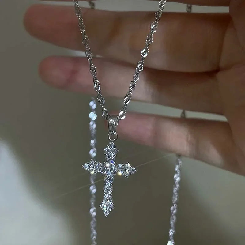 Crystal Zircon Cross Pendant Necklace For Women Punk Style