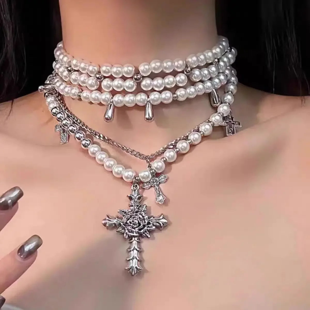 Multilayer Cross Pendant Pearl Chain Necklace For Women