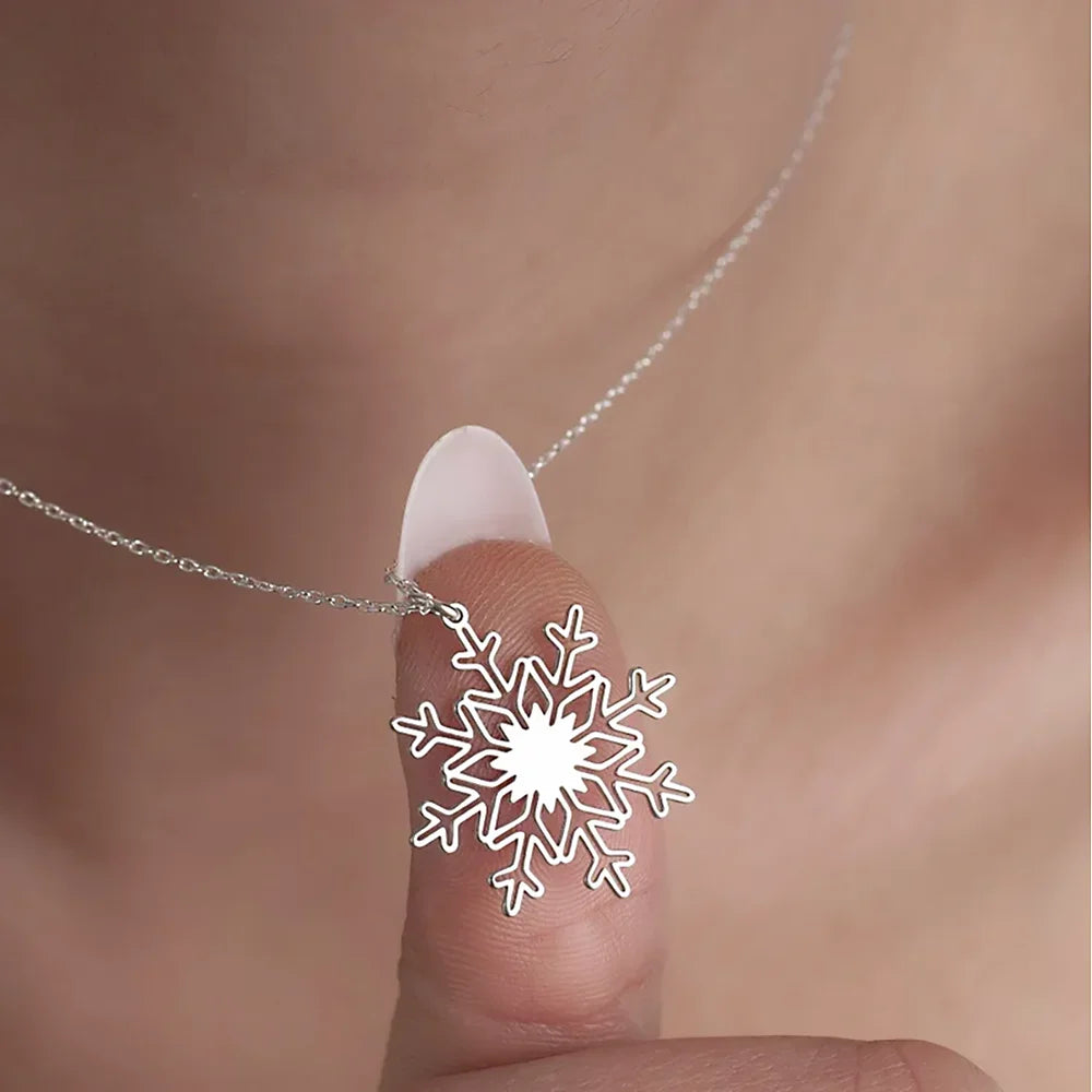 Stainless Steel Snowflake Charm Necklace For Women Pendant