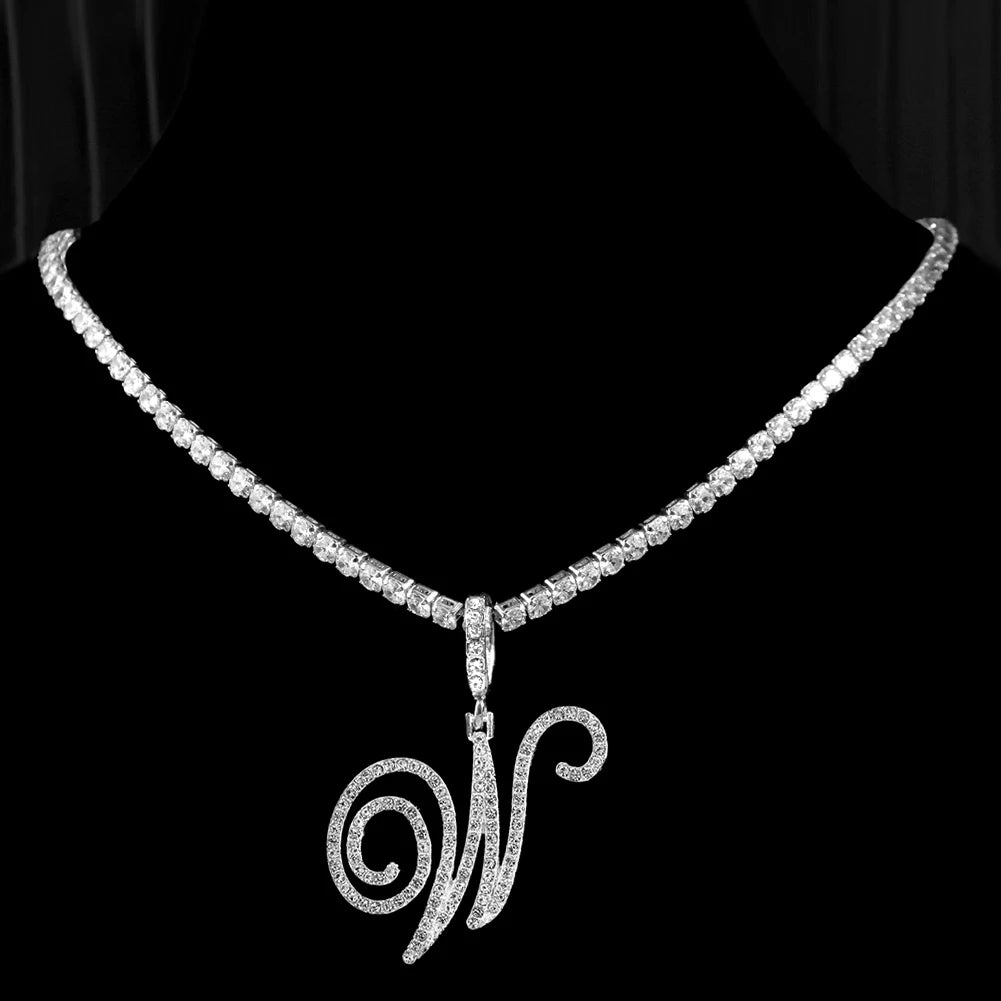 Caraquet Cursive Initial Necklace Cubic Zirconia Chain