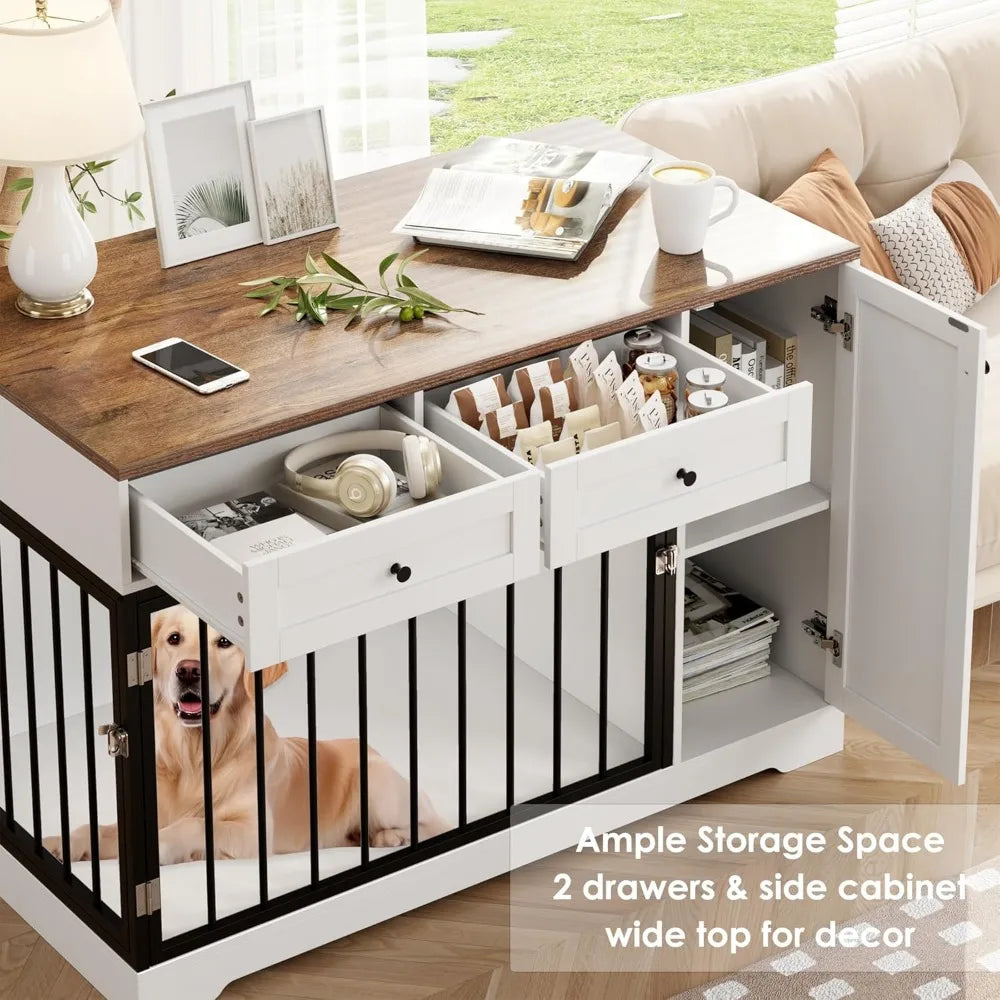 DAFIFY Wooden Dog Crate Kennel Double Doors And Drawers