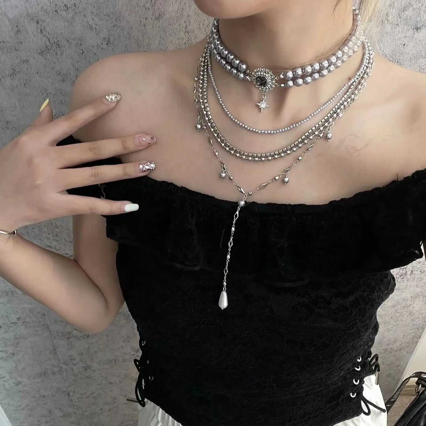 Multilayer Cross Pendant Pearl Chain Necklace For Women