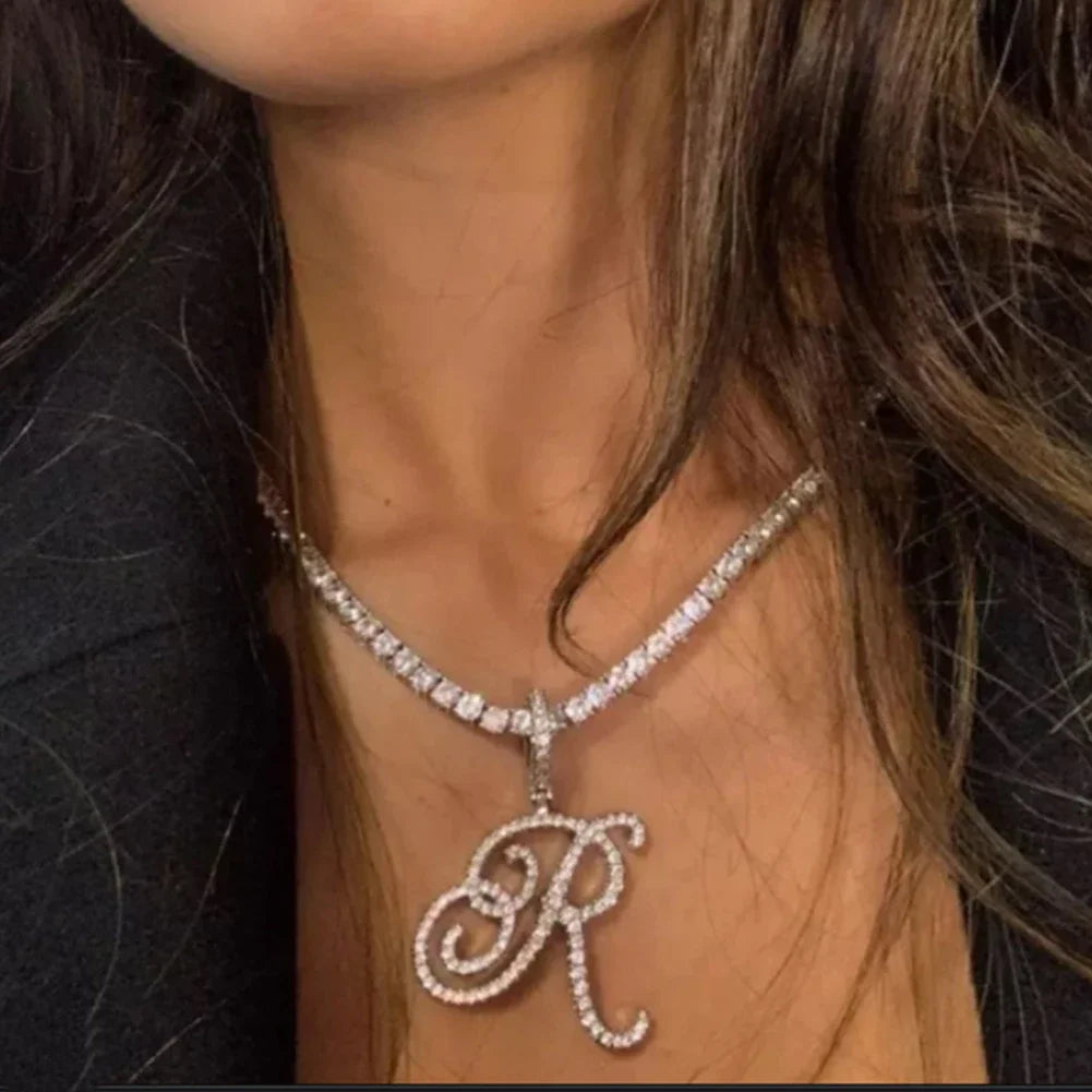Caraquet Cursive Initial Necklace Cubic Zirconia Chain