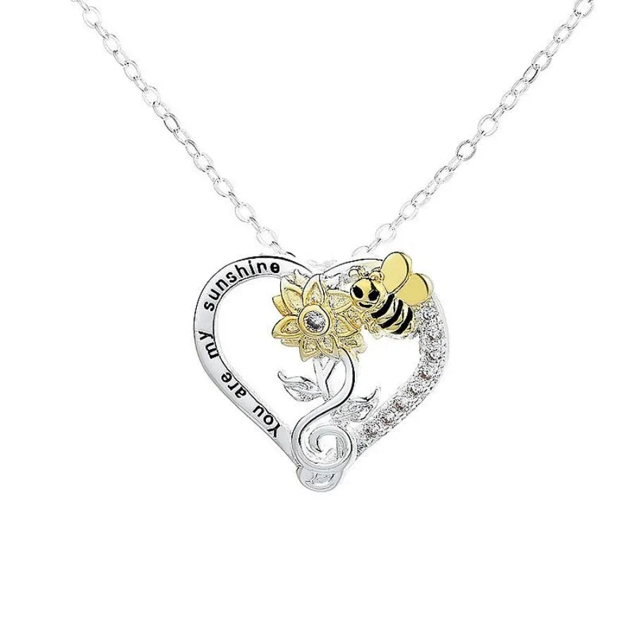 Silver Plated Rhinestone Heart Sunflower Bee Necklace Gift