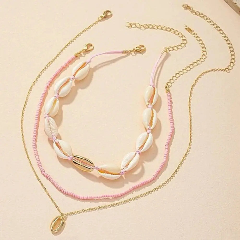 Bohemian Rice Bead Shell Pendant Necklace Multi Layered