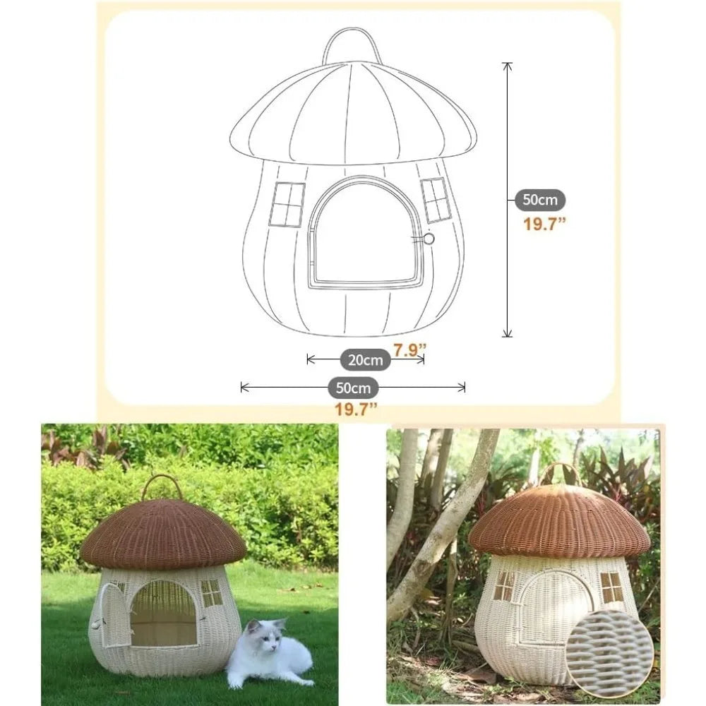 Indoor Rattan Pet Nest Mushroom House Raised Cat Bed