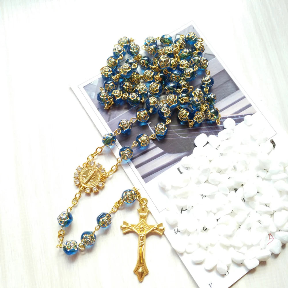 Cottvott Rhinestone Saint Benedict Medal Rosary Necklace
