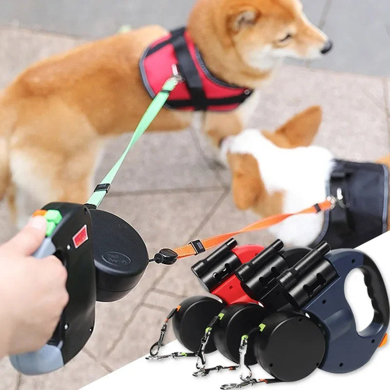 3in1 Retractable Dog Leash Flashlight Poop Bag Dispenser