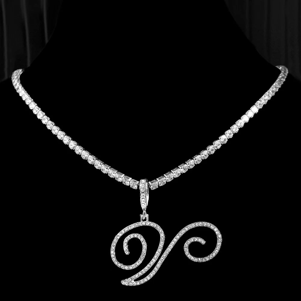 Caraquet Cursive Initial Necklace Cubic Zirconia Chain