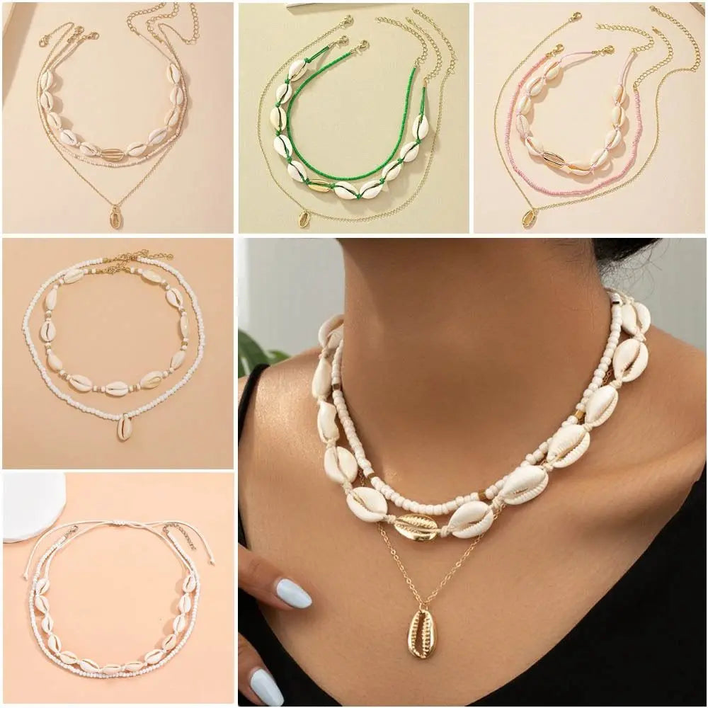 Bohemian Rice Bead Shell Pendant Necklace Multi Layered