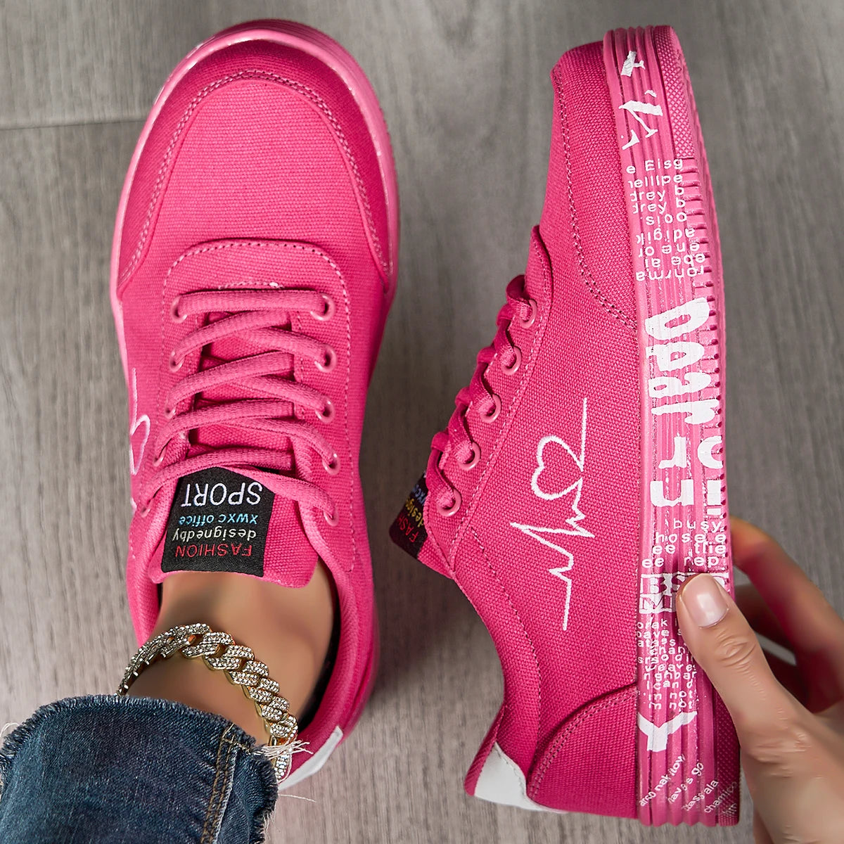 Heart Design Women's Lace Up Sneakers Soft Sole Platform Shoes