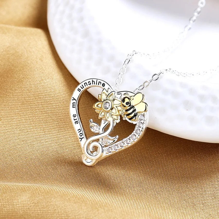 Silver Plated Rhinestone Heart Sunflower Bee Necklace Gift