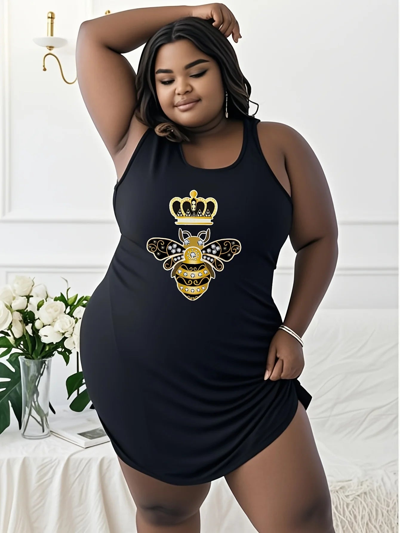 CN Zhejiang Bee With Crown And Diamonds Print T Shirt Dress