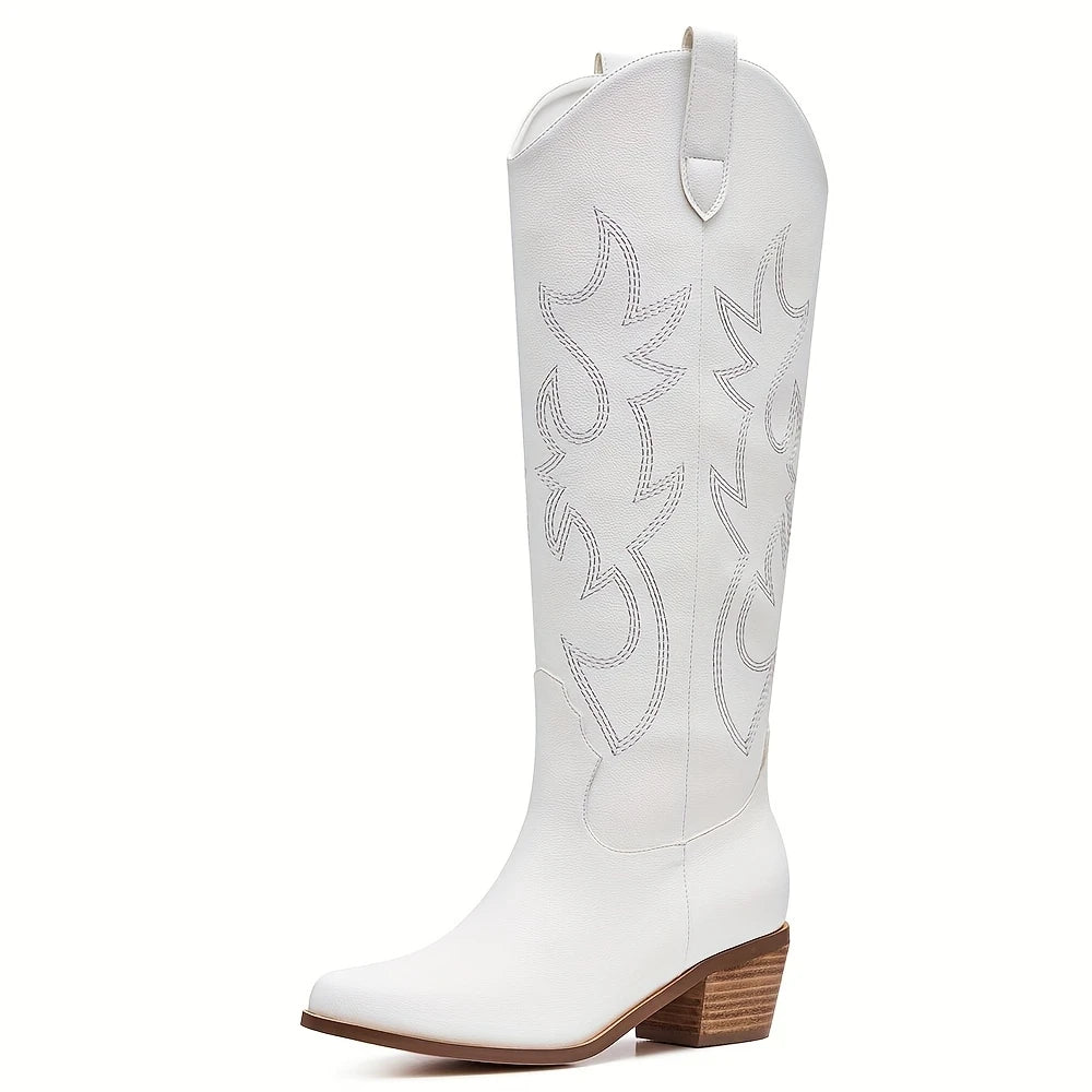 Western Cowgirl Embroidered Knee-High Boots For Women Slip-On