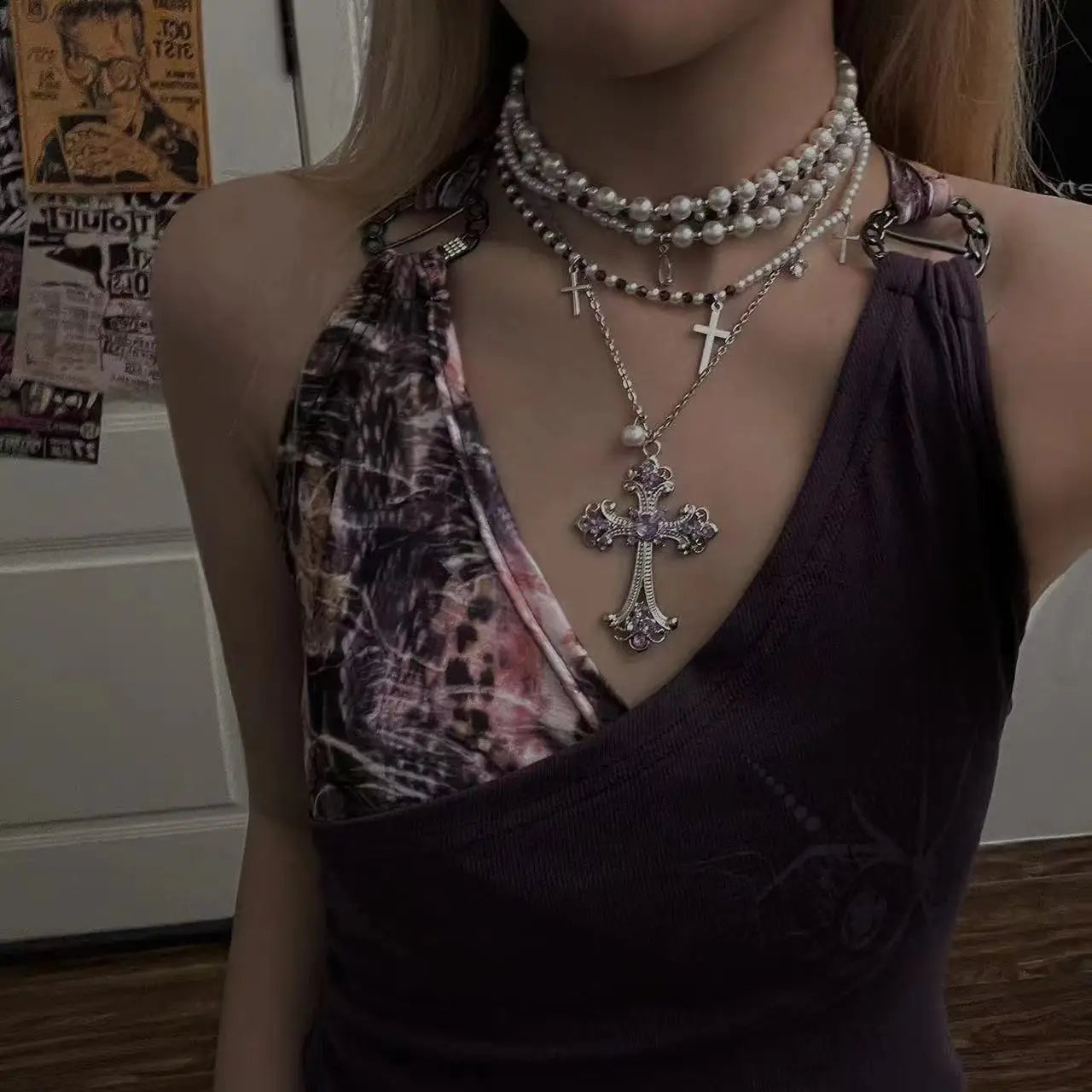 Multilayer Cross Pendant Pearl Chain Necklace For Women