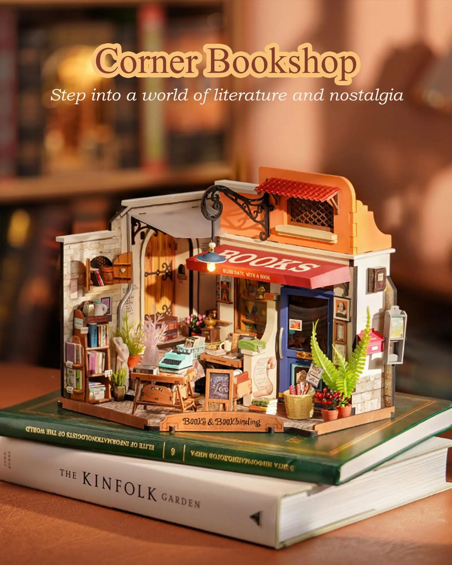 Robotime Corner Bookstore Miniature House Kit With LED
