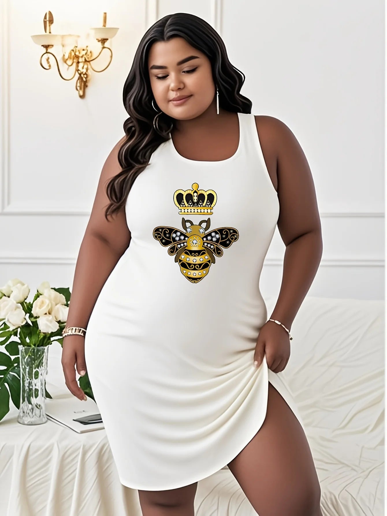 CN Zhejiang Bee With Crown And Diamonds Print T Shirt Dress