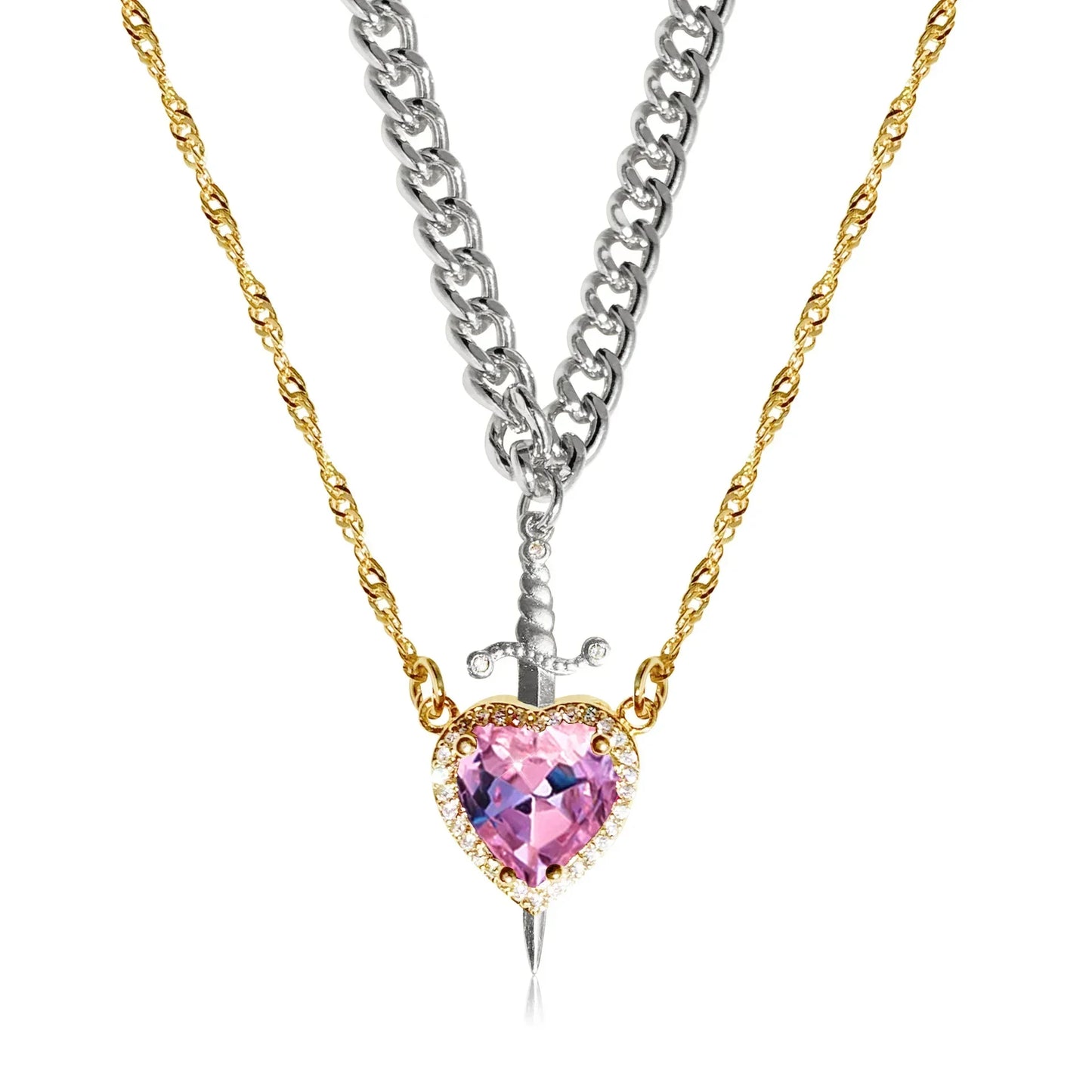 LATS Heart and Sword Zircon Pendant Necklace for Women Men