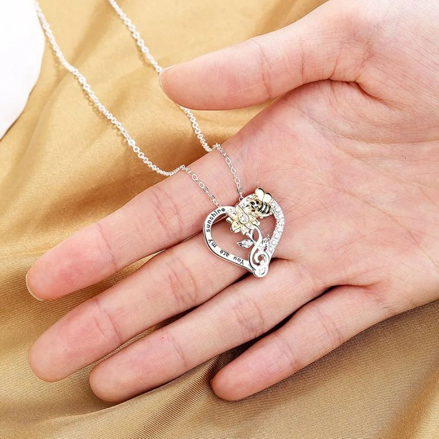 Silver Plated Rhinestone Heart Sunflower Bee Necklace Gift