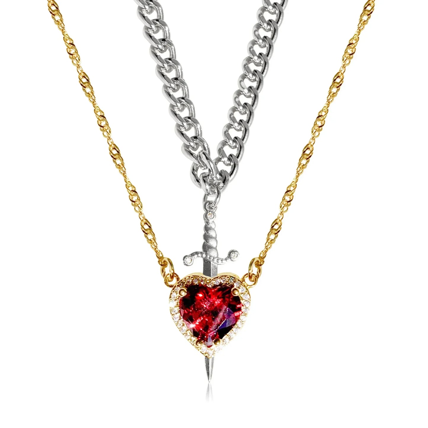 LATS Heart and Sword Zircon Pendant Necklace for Women Men