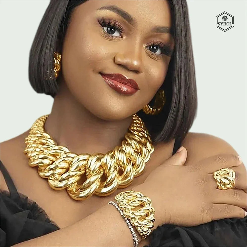SYHOL Jewelry Set Necklace Earrings Ring Gold Plated