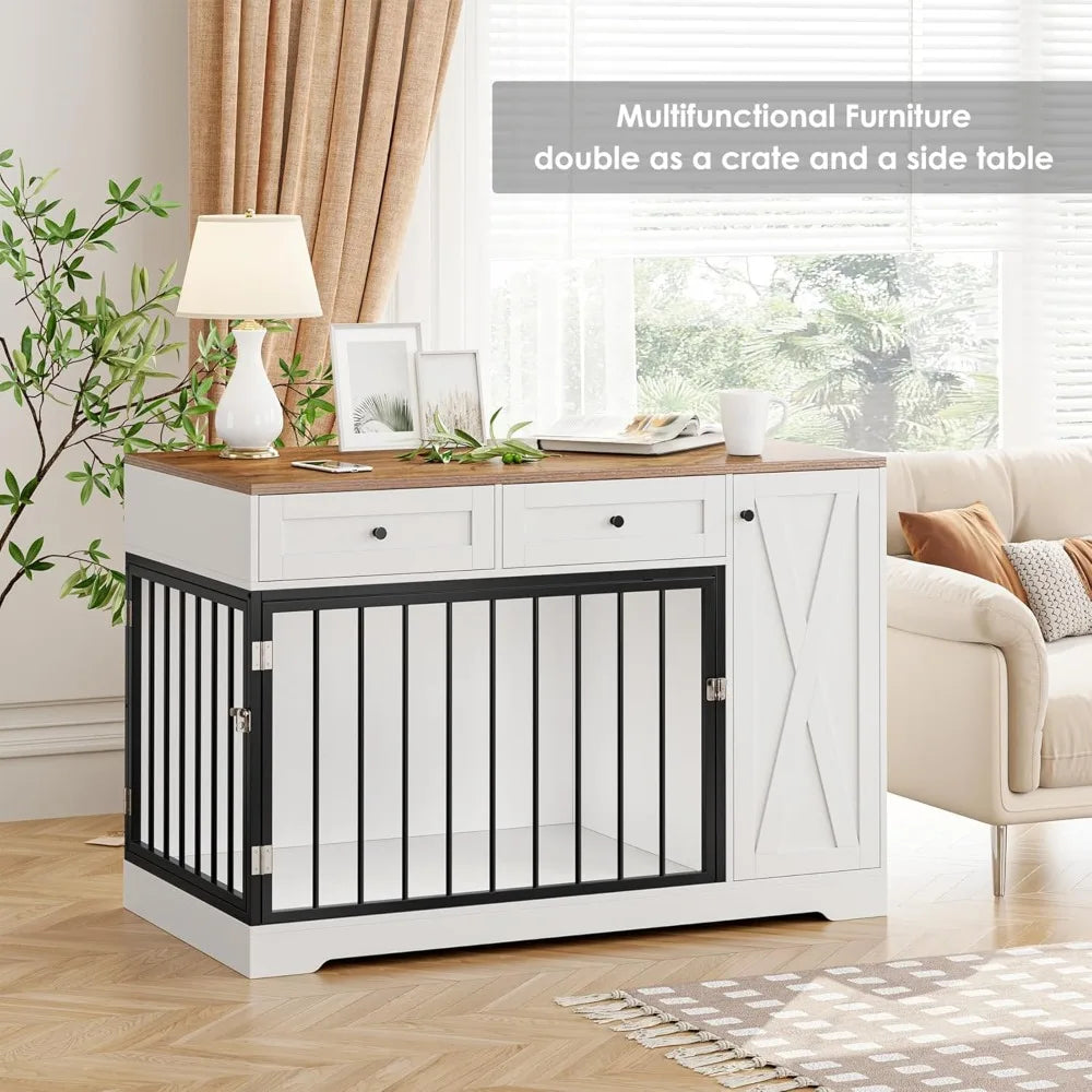 DAFIFY Wooden Dog Crate Kennel Double Doors And Drawers