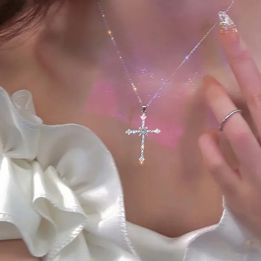 Crystal Zircon Cross Pendant Necklace For Women Punk Style