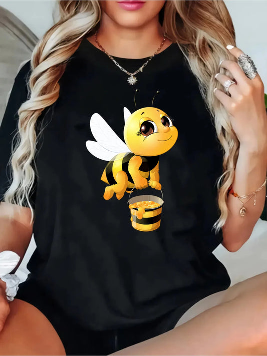 Bee Print Casual Cotton T Shirt Women Short Sleeve Top