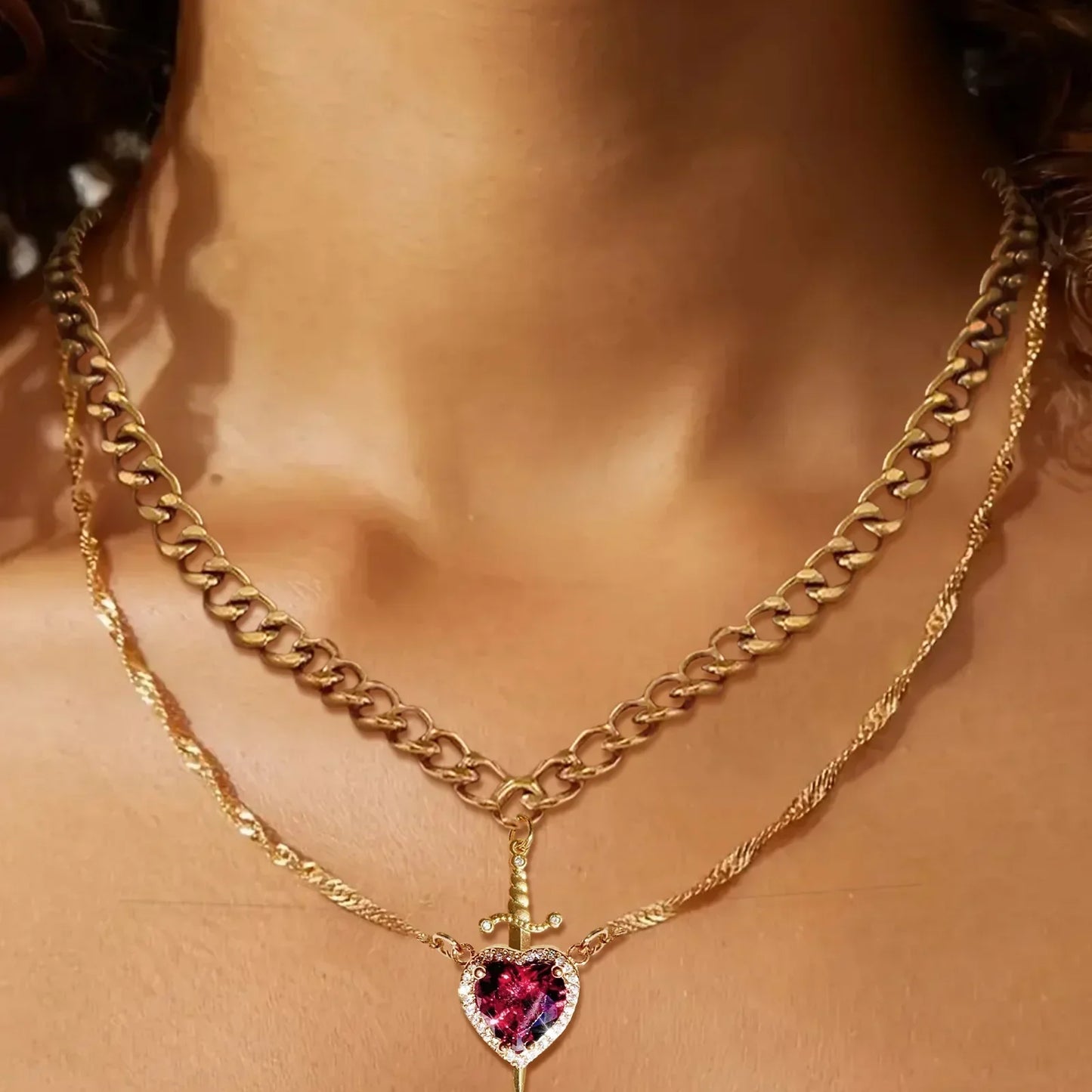 LATS Heart and Sword Zircon Pendant Necklace for Women Men