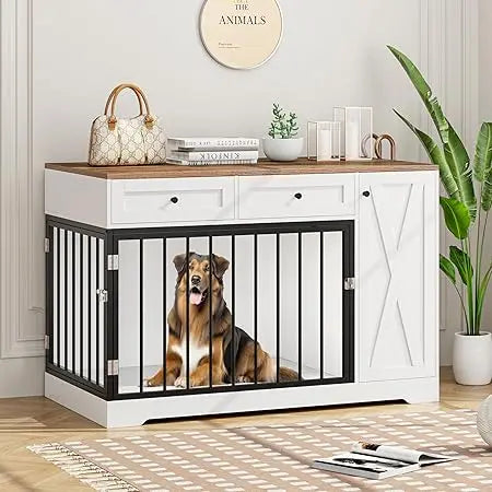 DAFIFY Wooden Dog Crate Kennel Double Doors And Drawers