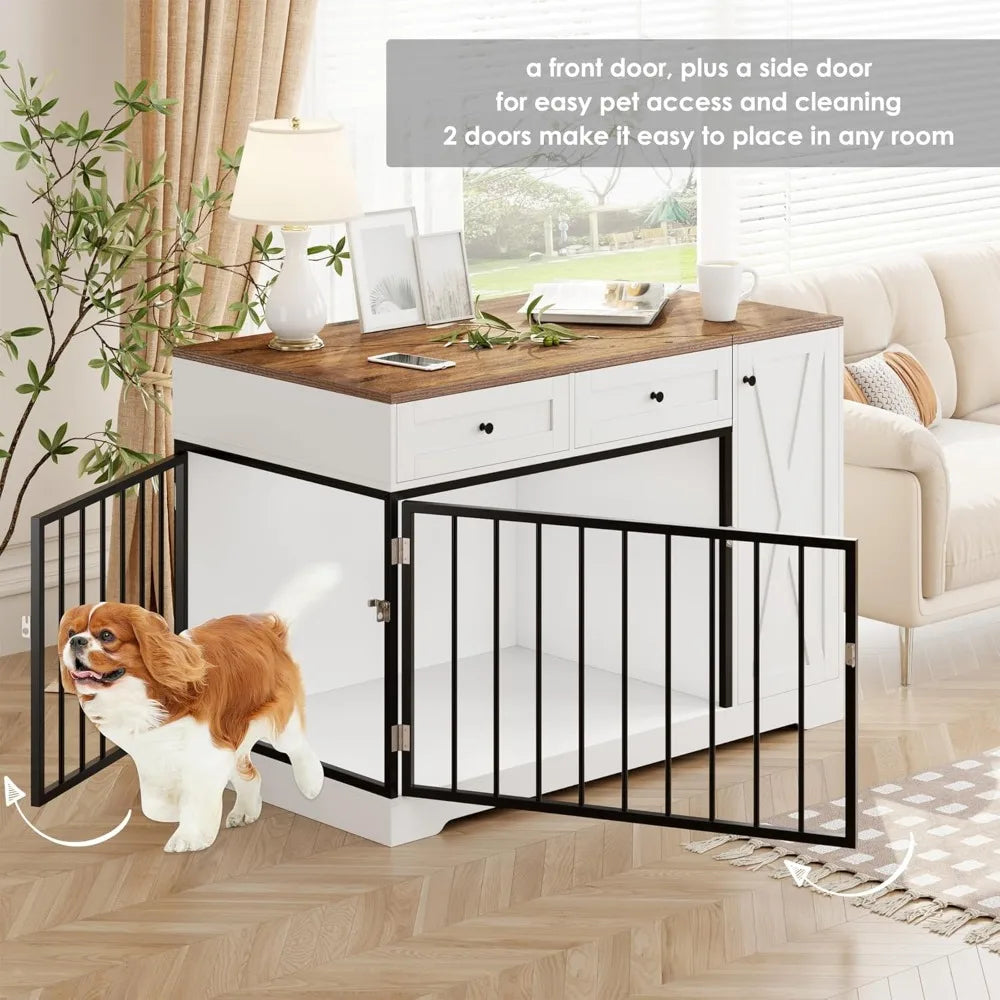 DAFIFY Wooden Dog Crate Kennel Double Doors And Drawers