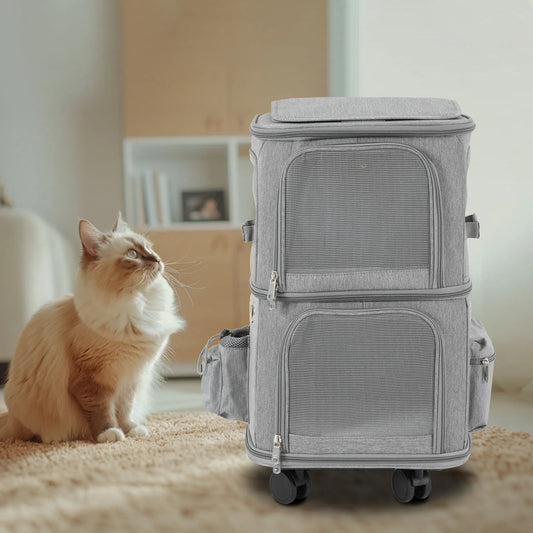 Ventilated Double Compartment Cat Carrier On Wheels